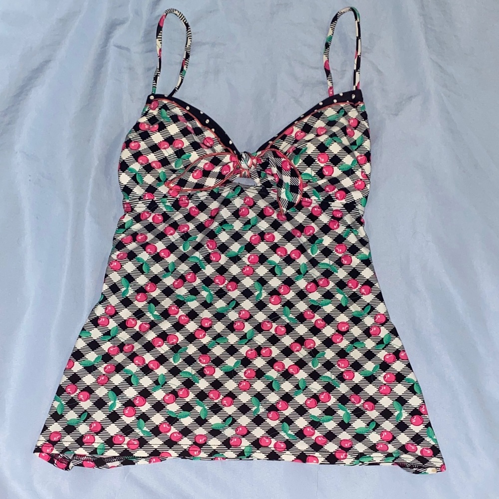 Cherry Print Backless Strap Tankini Top
